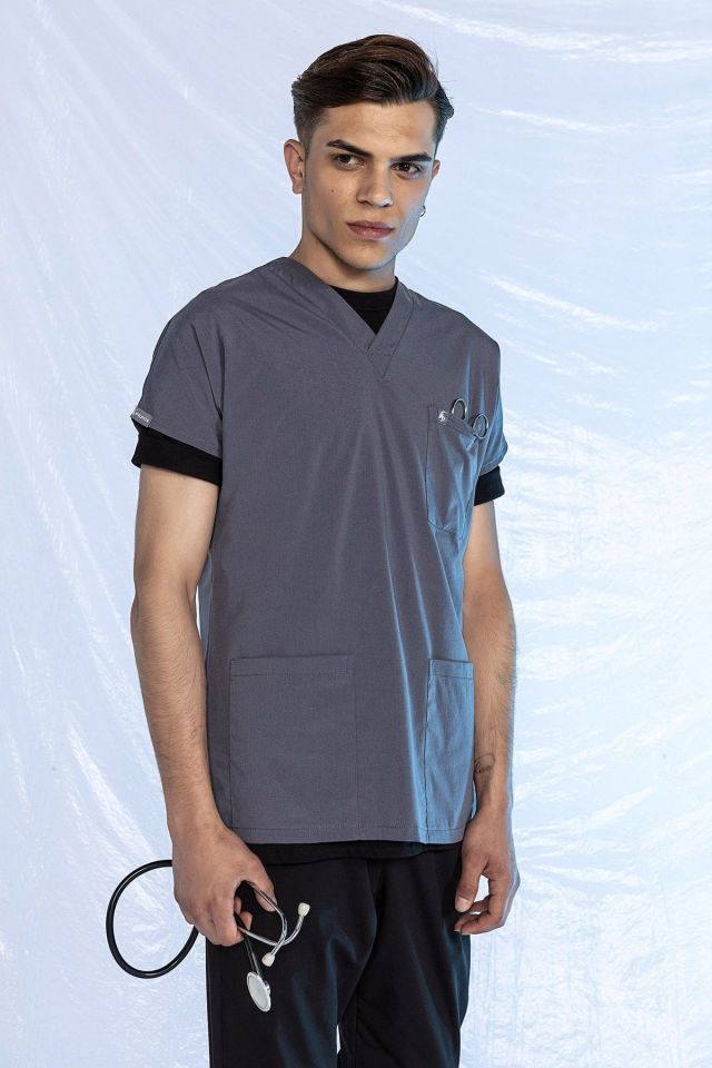 Füme Likralı Scrubs Doktor Hemşire Forması Yarasa Kol Tek Üst XXS