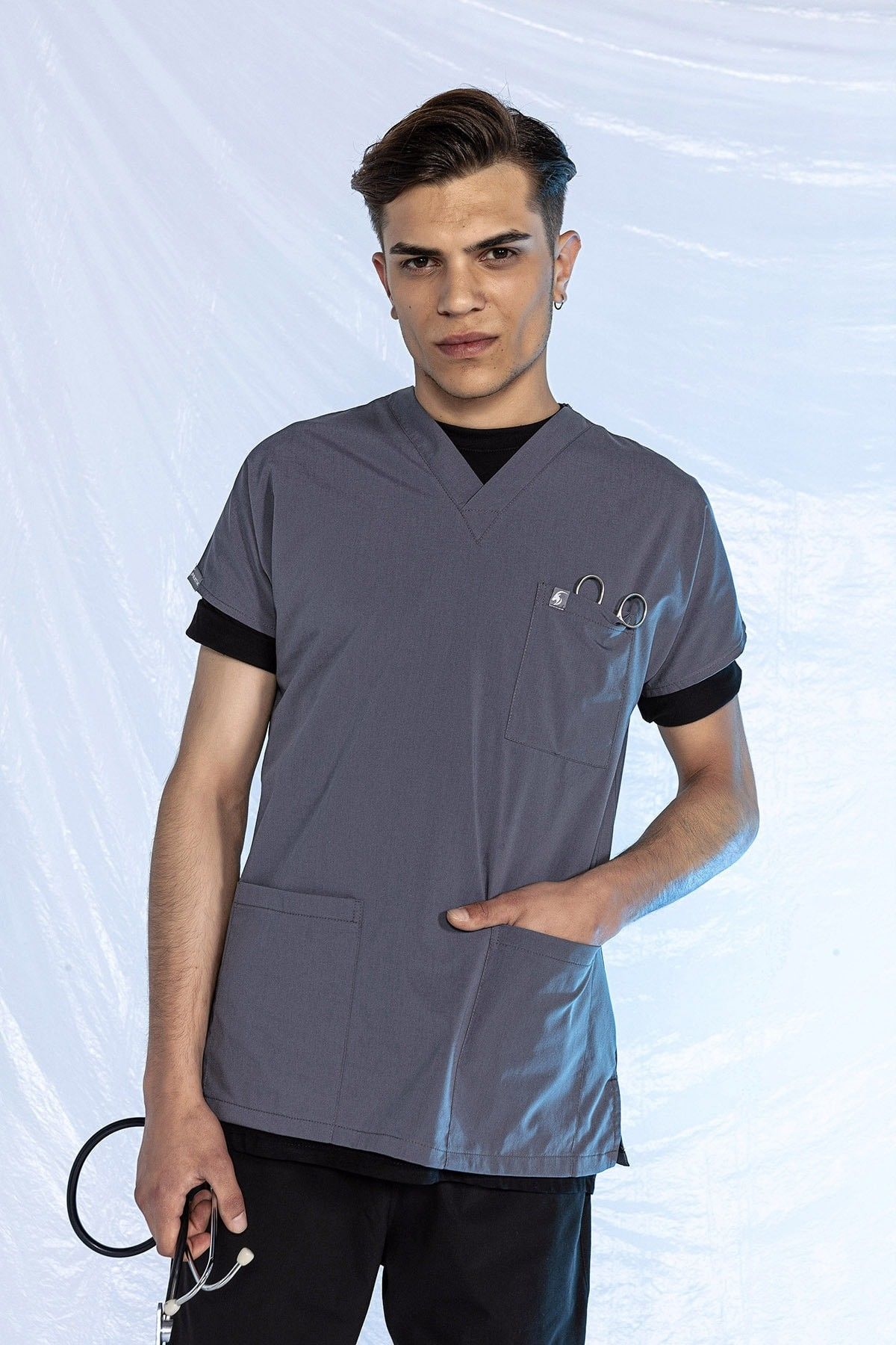 Füme Likralı Scrubs Doktor Hemşire Forması Yarasa Kol Tek Üst XS