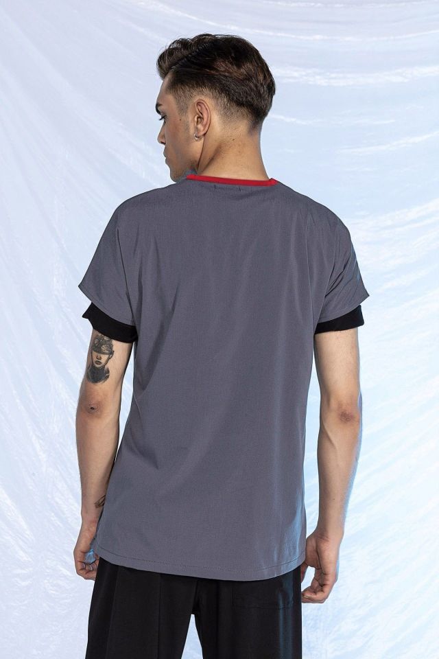 Füme Likralı Scrubs Doktor Hemşire Forması Yarasa Kol Tek Üst XS