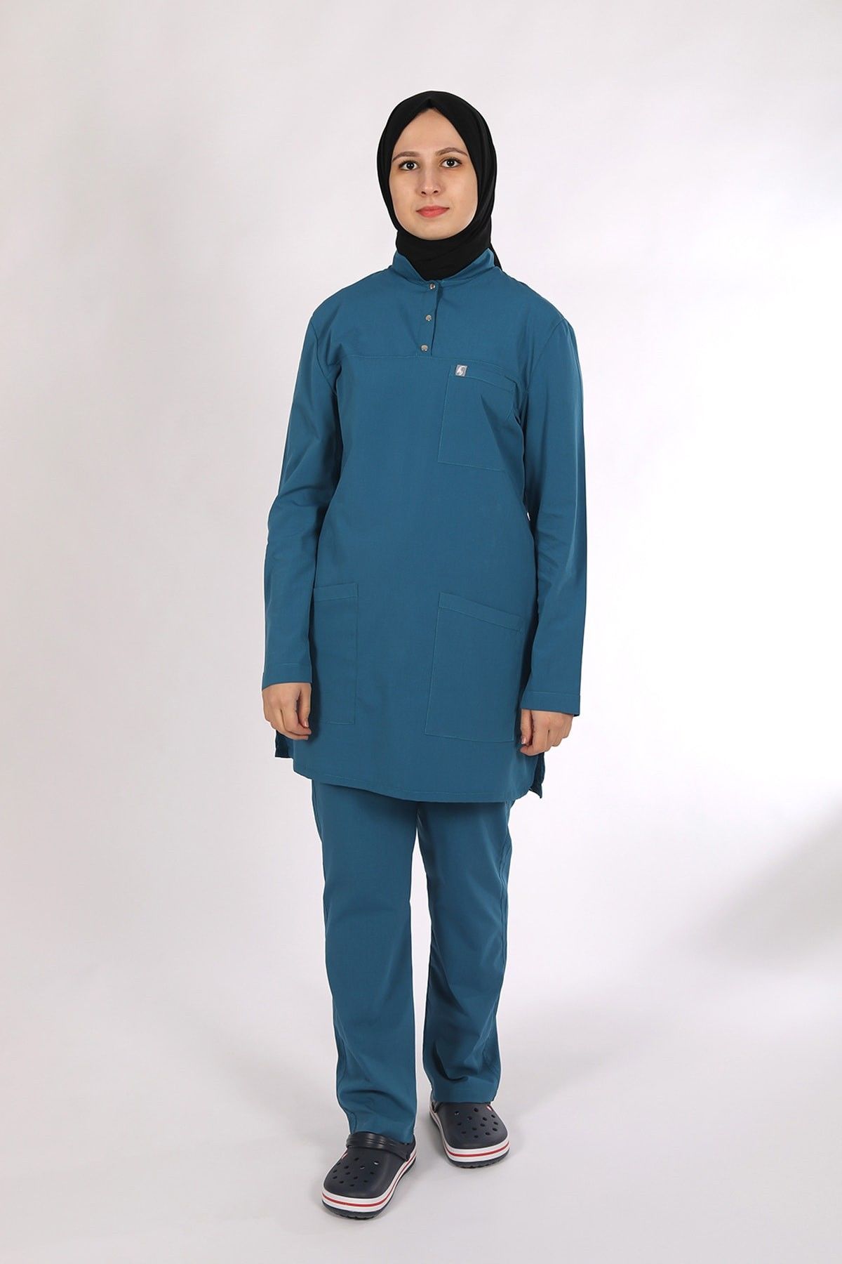 Turkuaz Likralı Tesettür Scrubs Doktor Hemşire Forması Takım 2XL