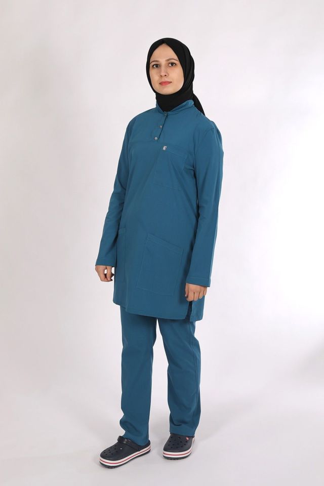 Turkuaz Likralı Tesettür Scrubs Doktor Hemşire Forması Takım 2XL