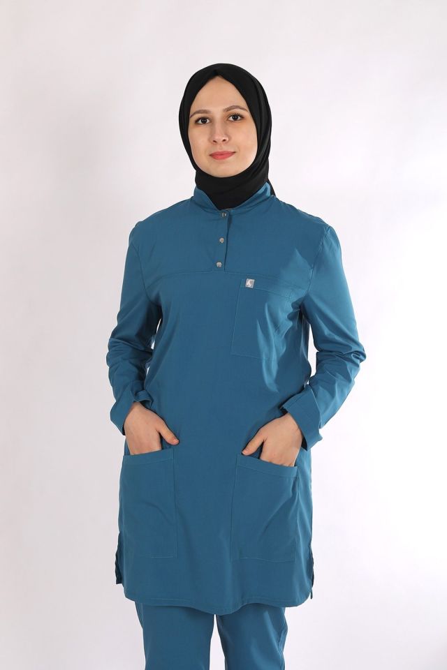 Turkuaz Likralı Tesettür Scrubs Doktor Hemşire Forması Takım 2XL