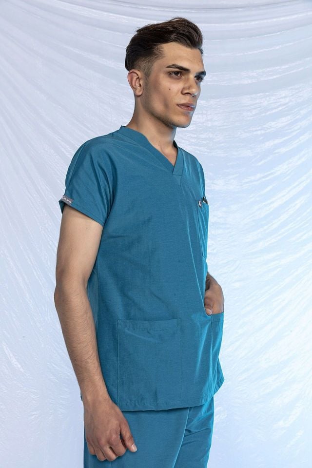 Turkuaz Likralı Scrubs Doktor Hemşire Forması Yarasa Kol Tek Üst S