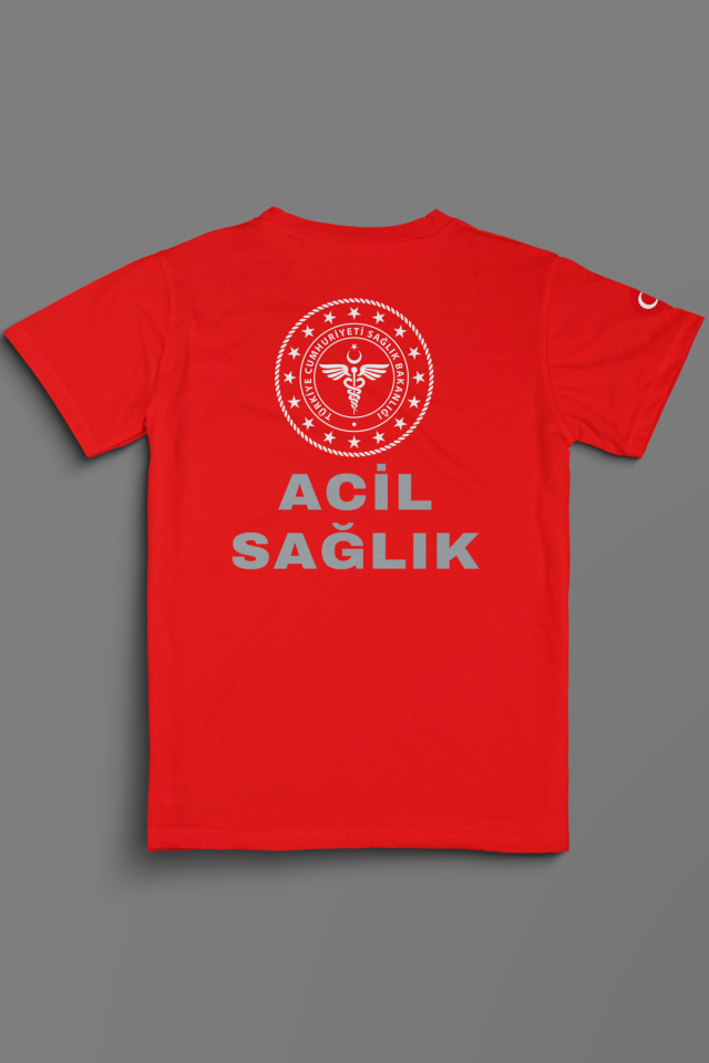 Kırmızı 112 Acil Sağlık V Yaka Penye Tişört Unisex