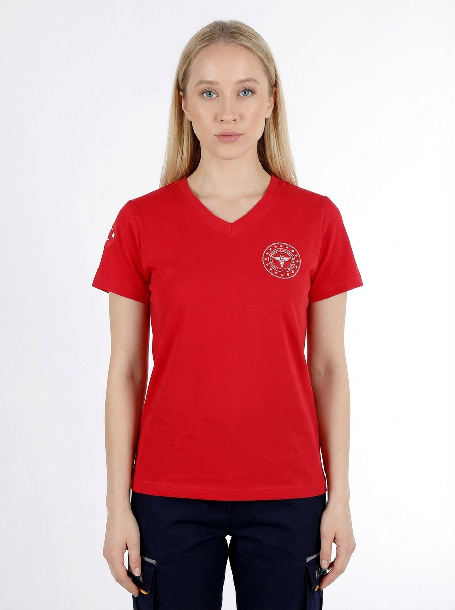 Kırmızı 112 Acil Sağlık V Yaka Penye Tişört Unisex