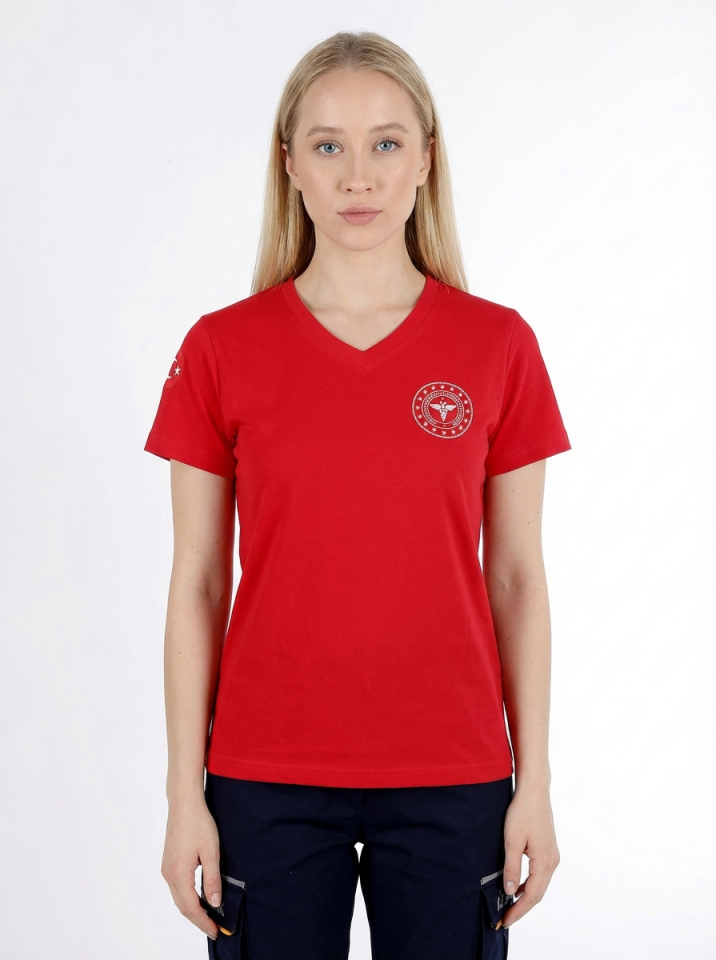 Kırmızı 112 Acil Sağlık V Yaka Penye Tişört Unisex