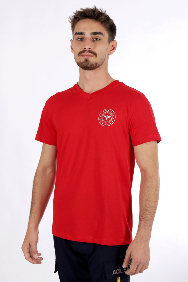 Kırmızı 112 Acil Sağlık V Yaka Tişört Unisex 2XL