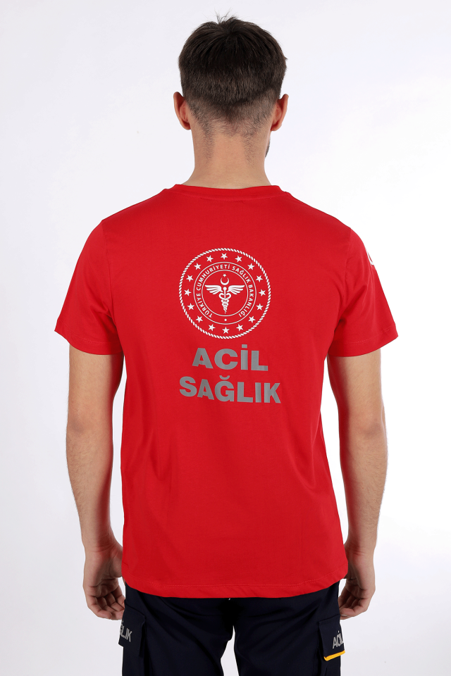 Kırmızı 112 Acil Sağlık V Yaka Penye Tişört Unisex
