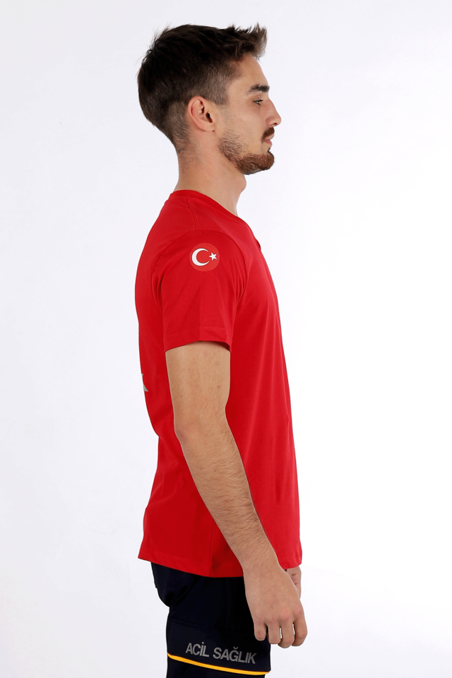 Kırmızı 112 Acil Sağlık V Yaka Tişört Unisex