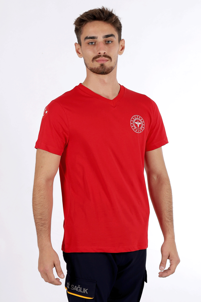 Kırmızı 112 Acil Sağlık V Yaka Penye Tişört Unisex