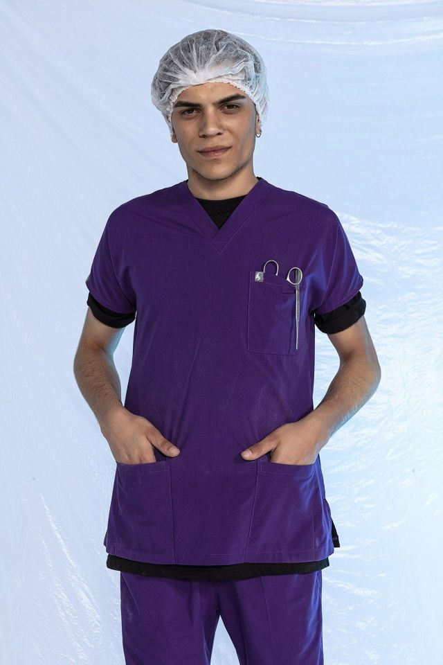 Mor Likralı Scrubs Doktor Hemşire Forması Yarasa Kol Tek Üst XXS