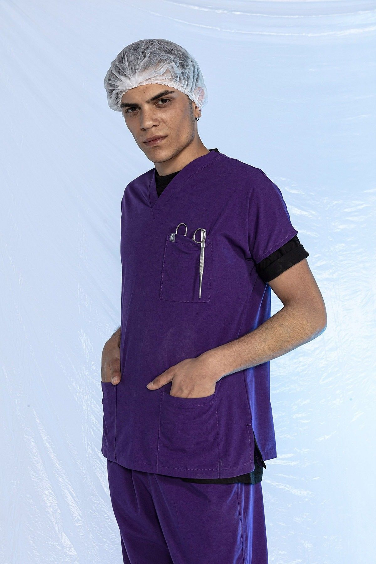 Mor Likralı Scrubs Doktor Hemşire Forması Yarasa Kol Tek Üst S
