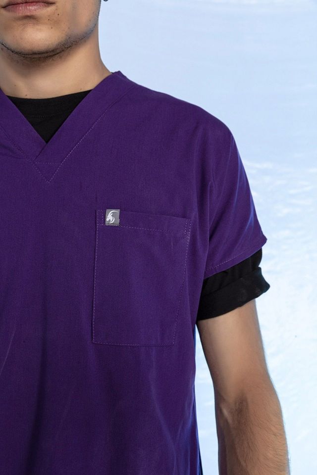 Mor Likralı Scrubs Doktor Hemşire Forması Yarasa Kol Tek Üst XXL
