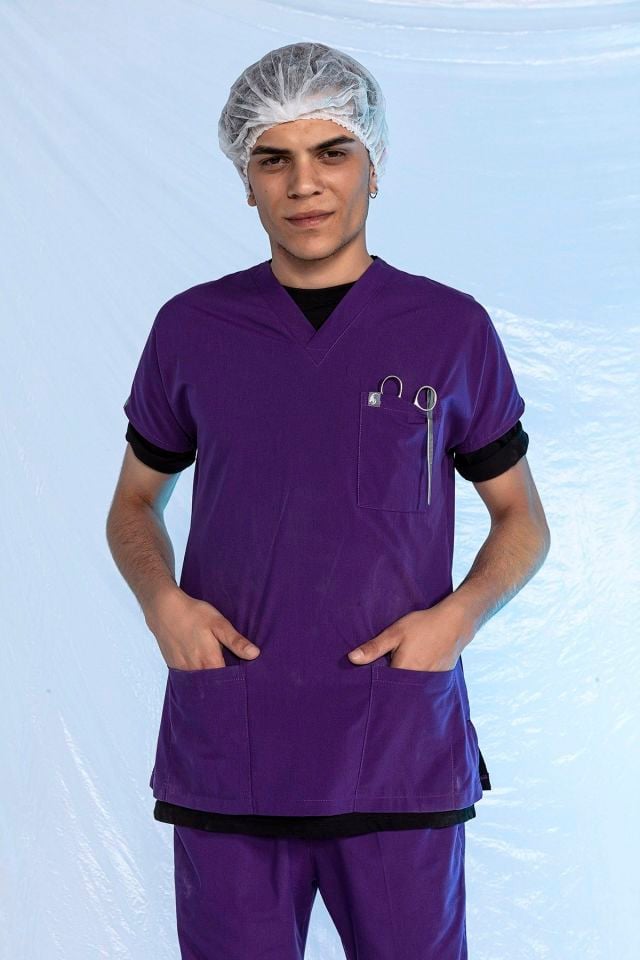 Mor Likralı Scrubs Doktor Hemşire Forması Yarasa Kol Tek Üst XXL