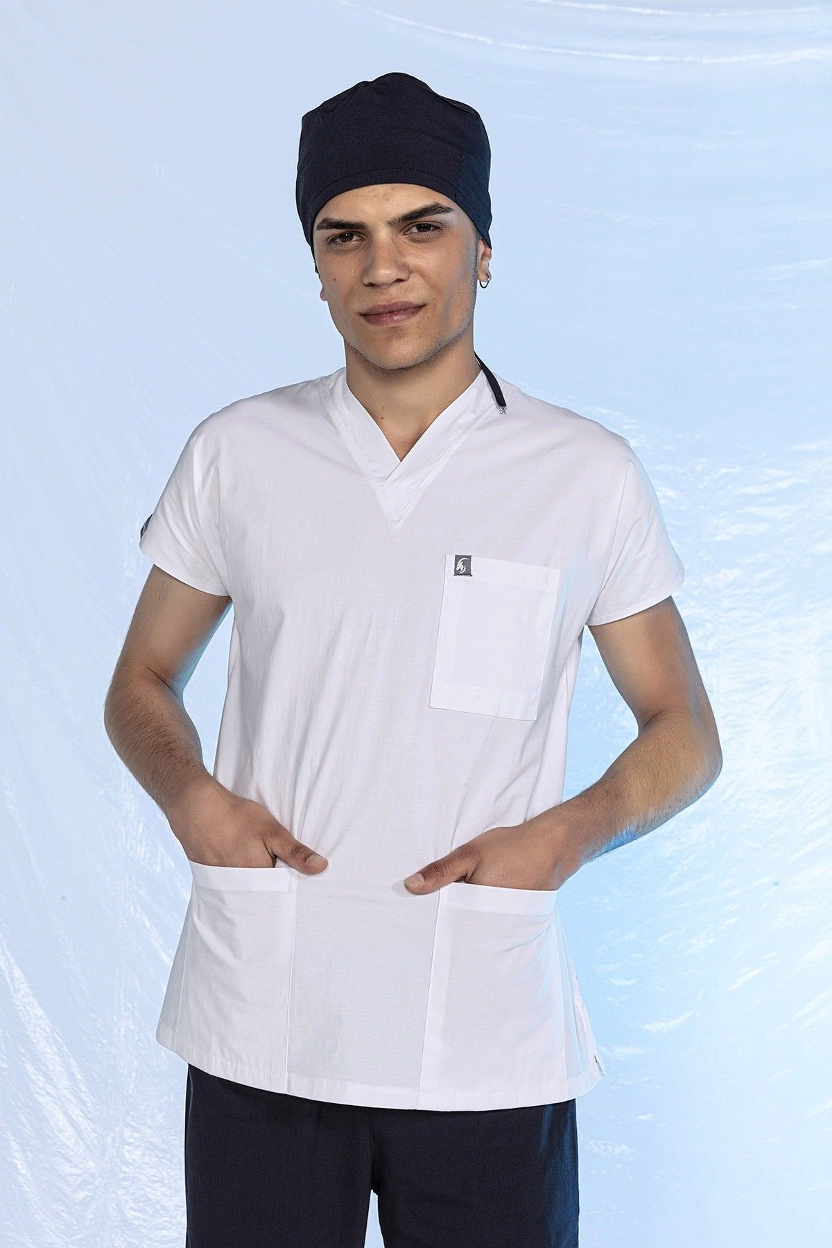 Beyaz Likralı Scrubs Doktor Hemşire Forması Yarasa Kol Tek Üst XXS