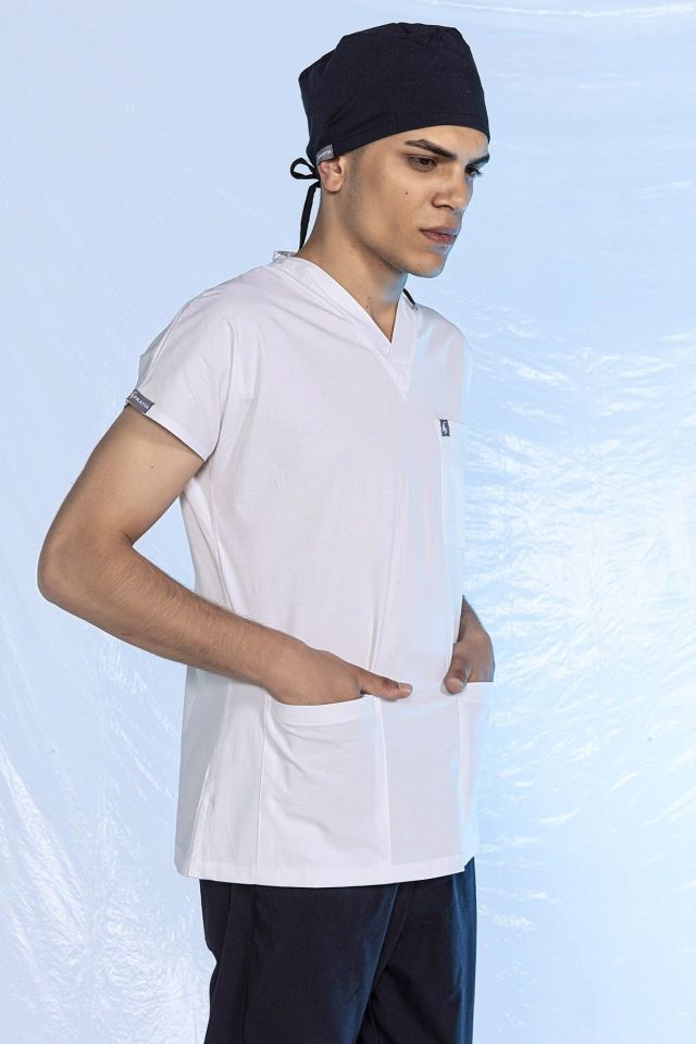 Beyaz Likralı Scrubs Doktor Hemşire Forması Yarasa Kol Tek Üst XXS