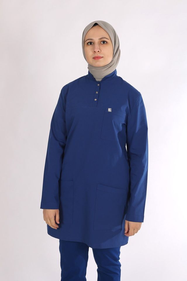Saks Mavi Likralı Tesettür Scrubs Doktor Hemşire Forması Takım XL