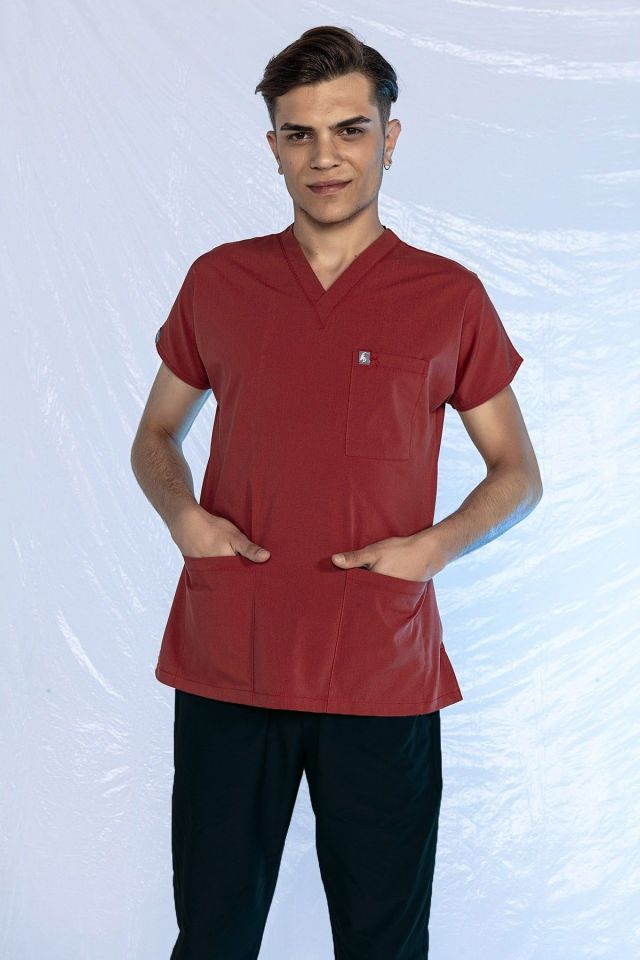 Kiremit Likralı Scrubs Doktor Hemşire Forması Yarasa Kol Tek Üst XS