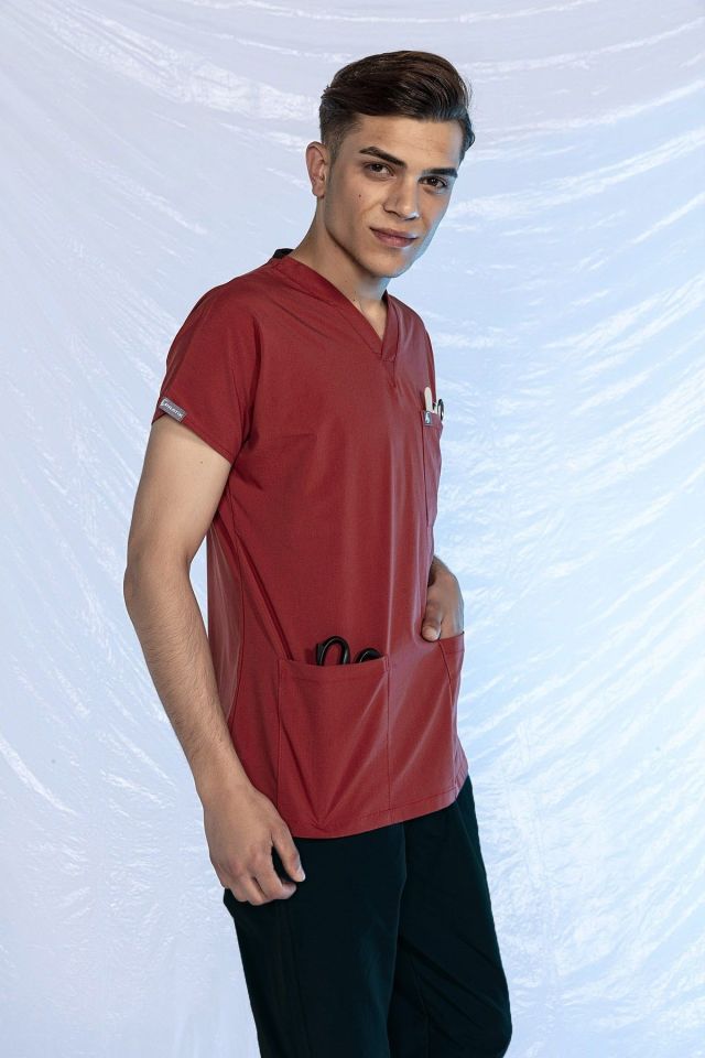 Kiremit Likralı Scrubs Doktor Hemşire Forması Yarasa Kol Tek Üst XS