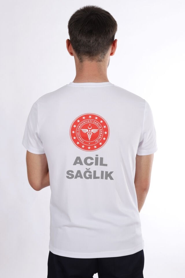 Beyaz 112 Acil Sağlık Dry Touch Bisiklet Yaka Tişört Unisex