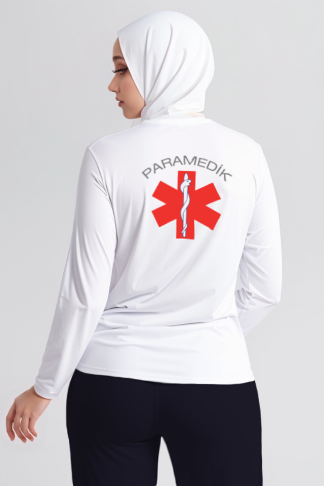 Beyaz Paramedik Bisiklet Yaka Uzun Kollu Penye Tişört Unisex