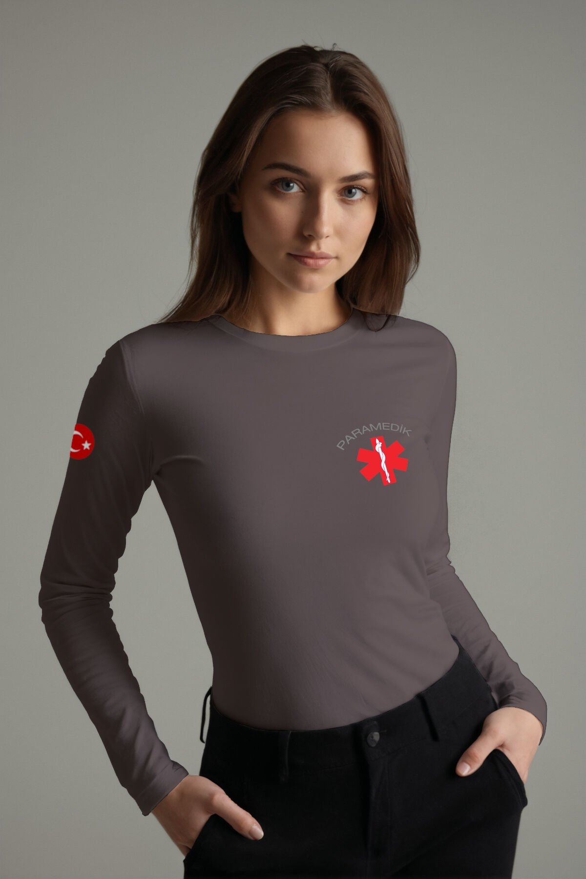 Gri Paramedik Bisiklet Yaka Uzun Kollu Penye Tişört Unisex