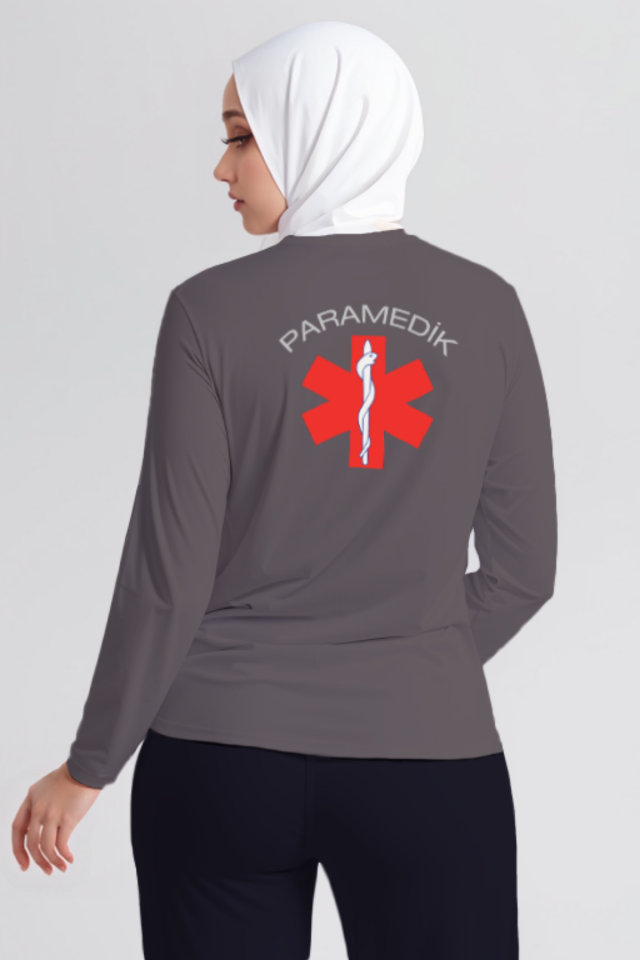 Gri Paramedik Bisiklet Yaka Uzun Kollu Penye Tişört Unisex