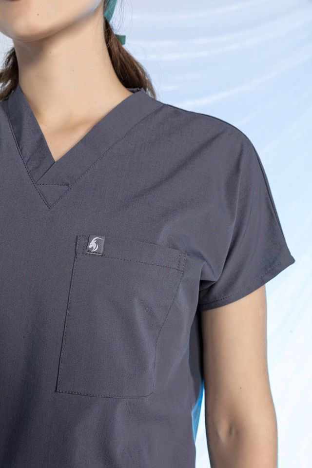 Füme Likralı Scrubs Doktor Hemşire Forması Yarasa Kol Tek Üst Unisex XS