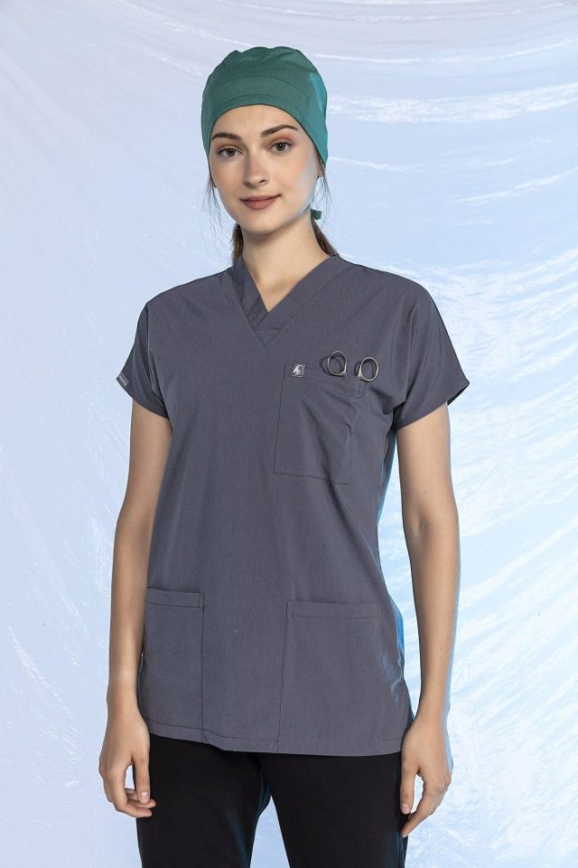 Füme Likralı Scrubs Doktor Hemşire Forması Yarasa Kol Tek Üst Unisex XS