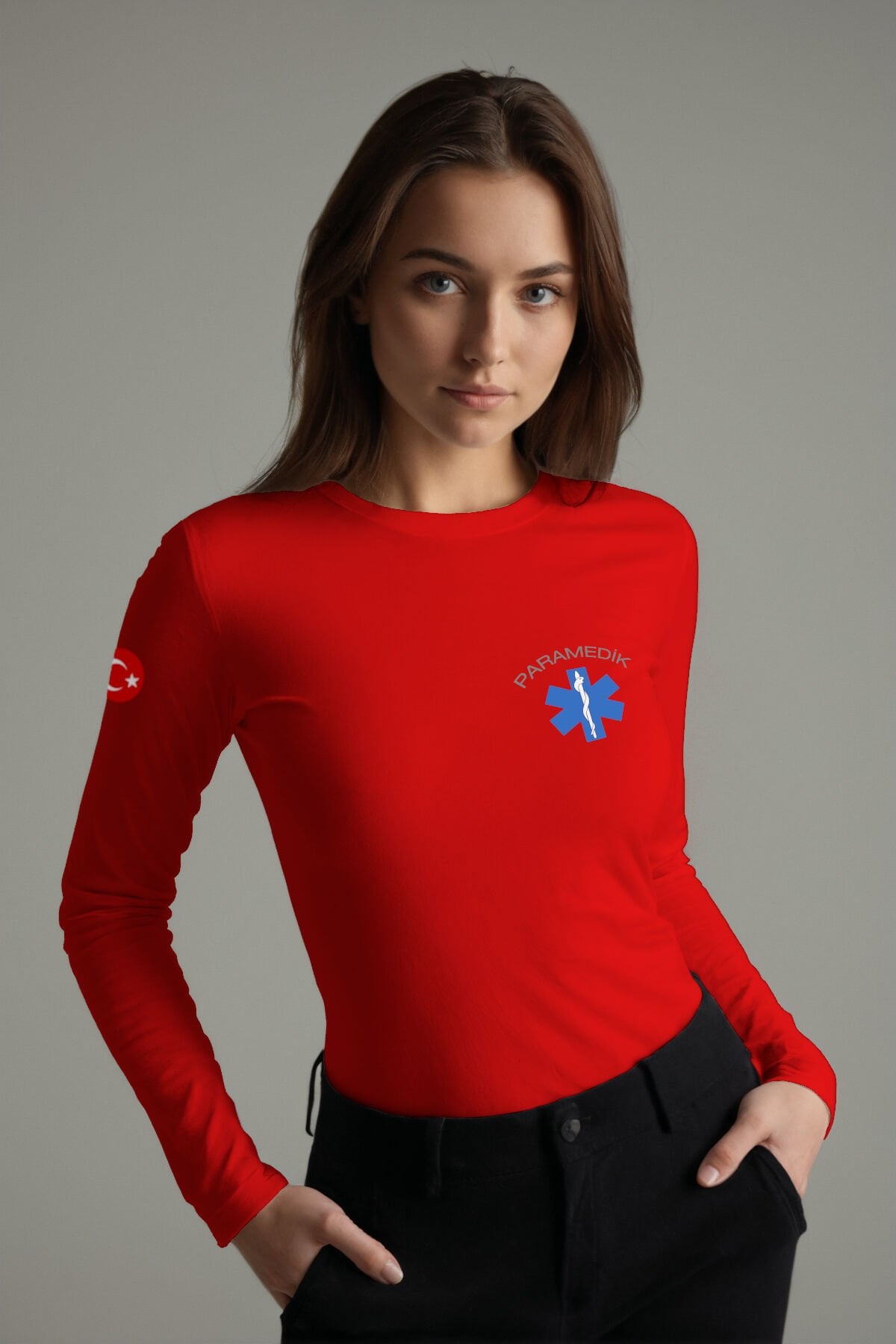 Kırmızı Paramedik Bisiklet Yaka Uzun Kollu Penye Tişört Unisex