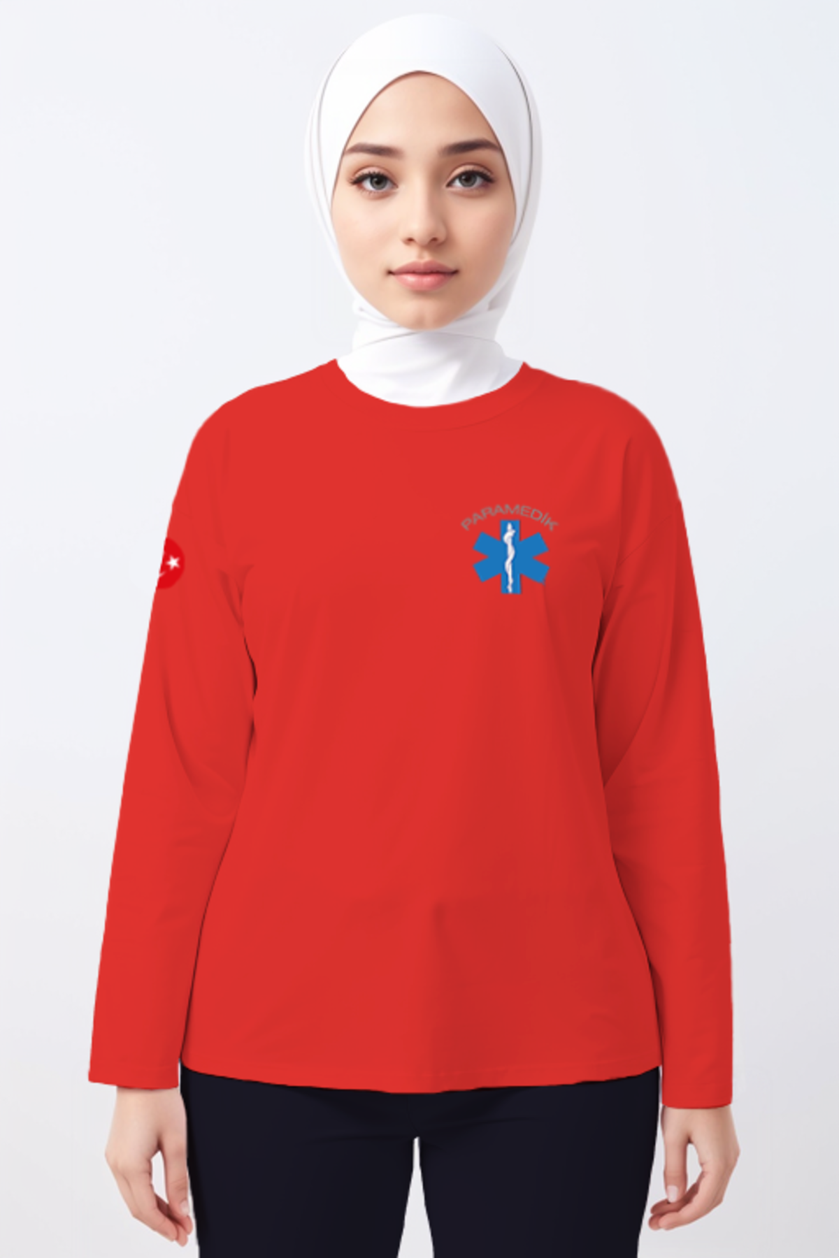 Kırmızı Paramedik Bisiklet Yaka Uzun Kollu Tişört Unisex