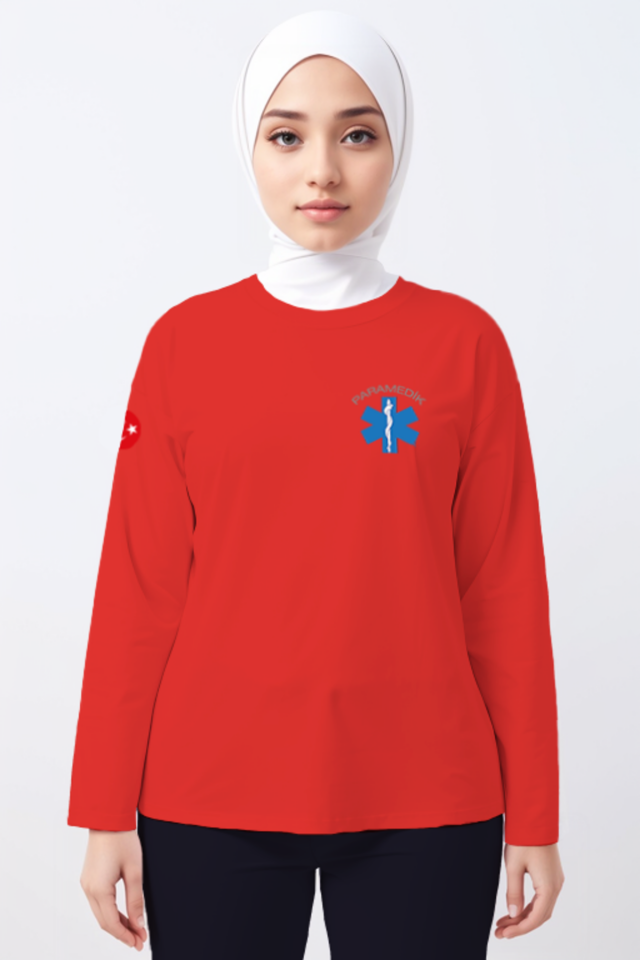 Kırmızı Paramedik Bisiklet Yaka Uzun Kollu Tişört Unisex