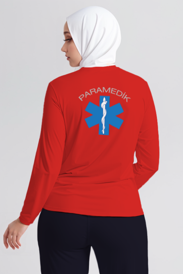 Kırmızı Paramedik Bisiklet Yaka Uzun Kollu Penye Tişört Unisex