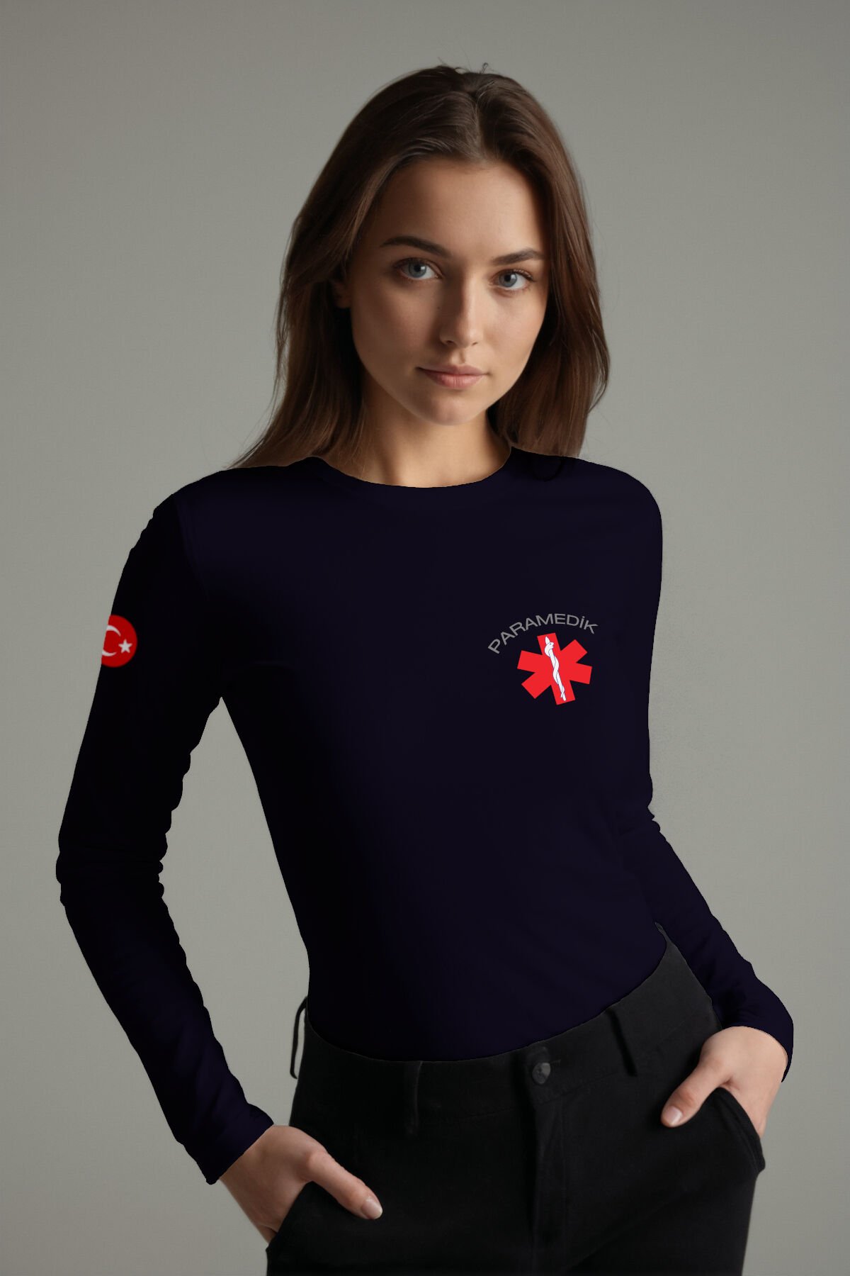 Lacivert Paramedik Bisiklet Yaka Uzun Kollu Penye Tişört Unisex