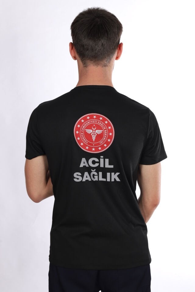 Siyah 112 Acil Sağlık Dry Touch Bisiklet Yaka Tişört Unisex