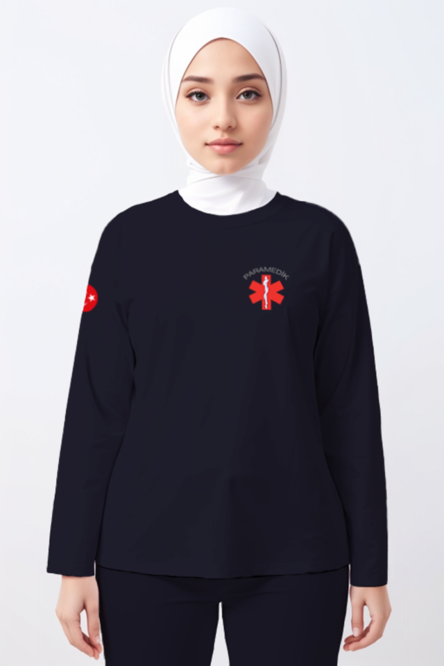 Lacivert Paramedik Bisiklet Yaka Uzun Kollu Tişört Unisex