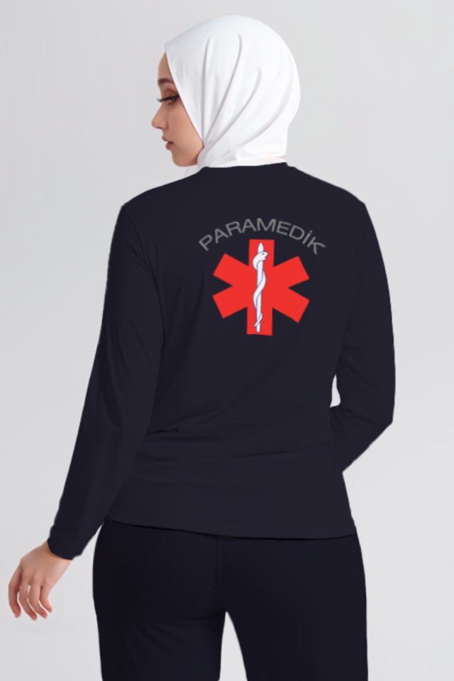 Lacivert Paramedik Bisiklet Yaka Uzun Kollu Penye Tişört Unisex