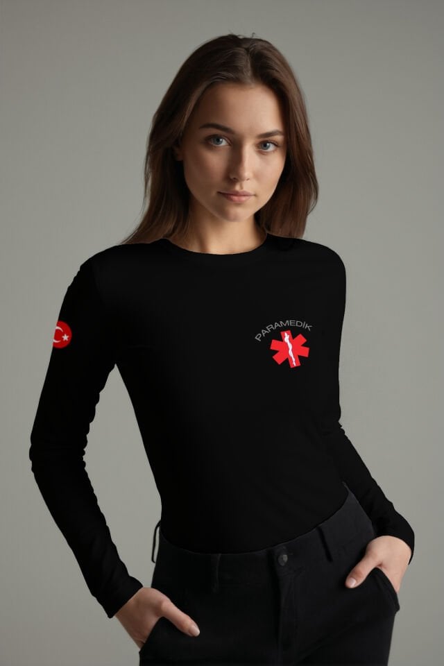 Siyah Paramedik Bisiklet Yaka Uzun Kollu Penye Tişört Unisex