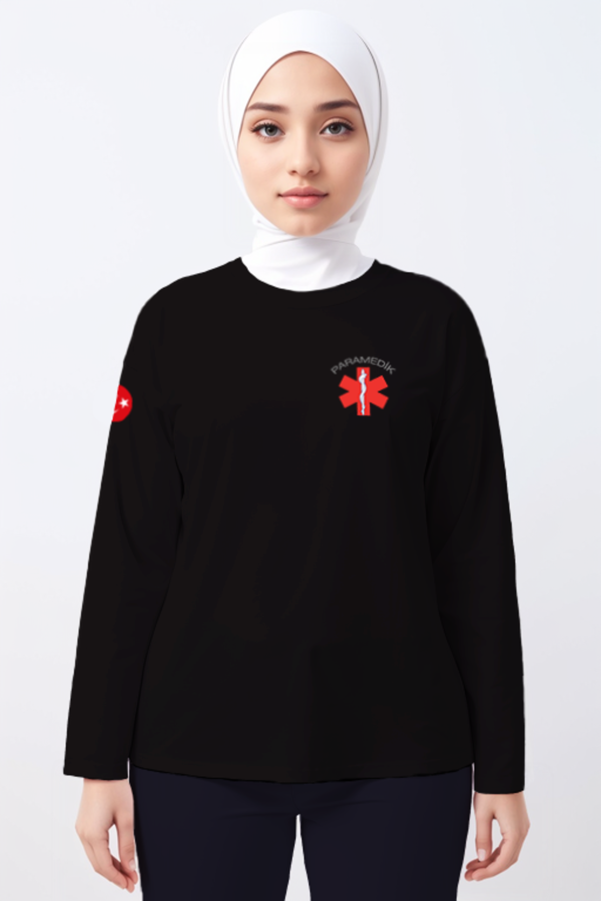 Siyah Paramedik Bisiklet Yaka Uzun Kollu Tişört Unisex S