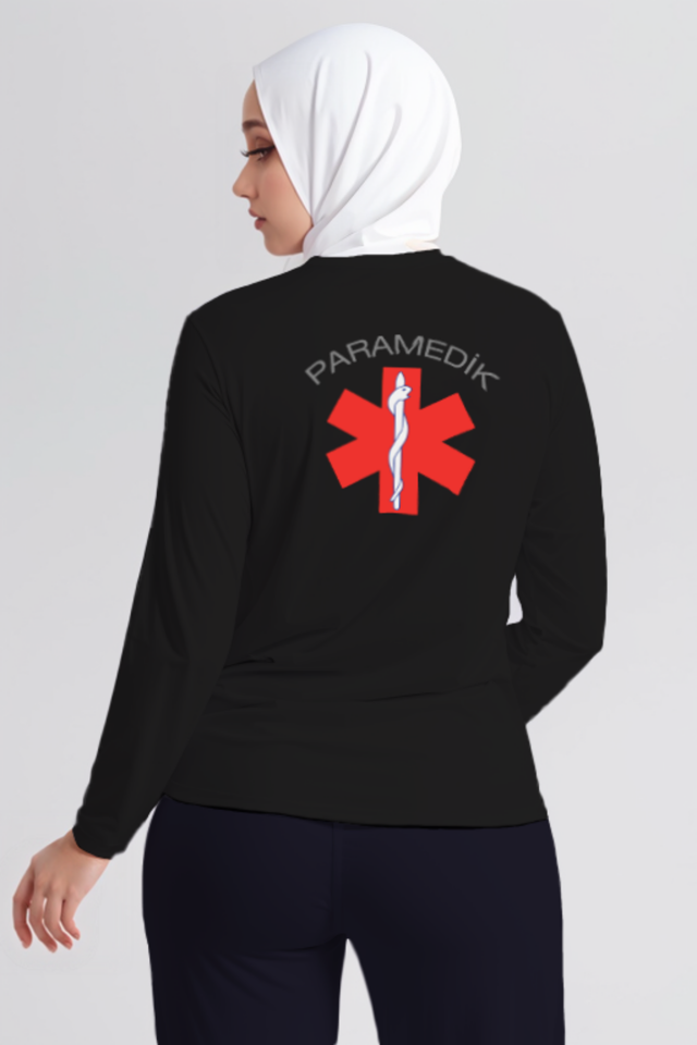 Siyah Paramedik Bisiklet Yaka Uzun Kollu Penye Tişört Unisex