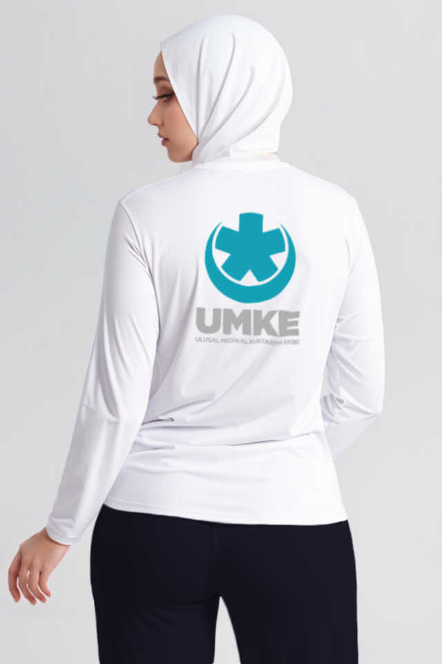 Beyaz UMKE Bisiklet Yaka Uzun Kollu Penye Tişört Unisex