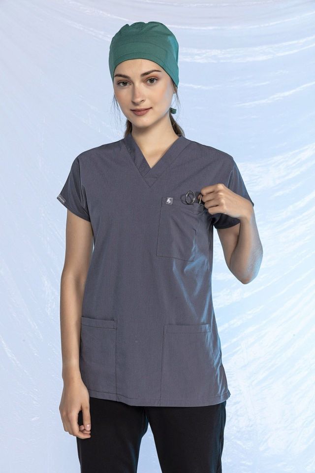 Füme Likralı Scrubs Doktor Hemşire Forması Yarasa Kol Tek Üst Unisex XXL