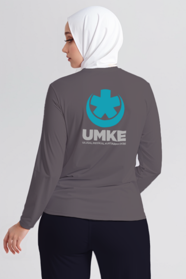 Gri UMKE Bisiklet Yaka Uzun Kollu Penye Tişört Unisex