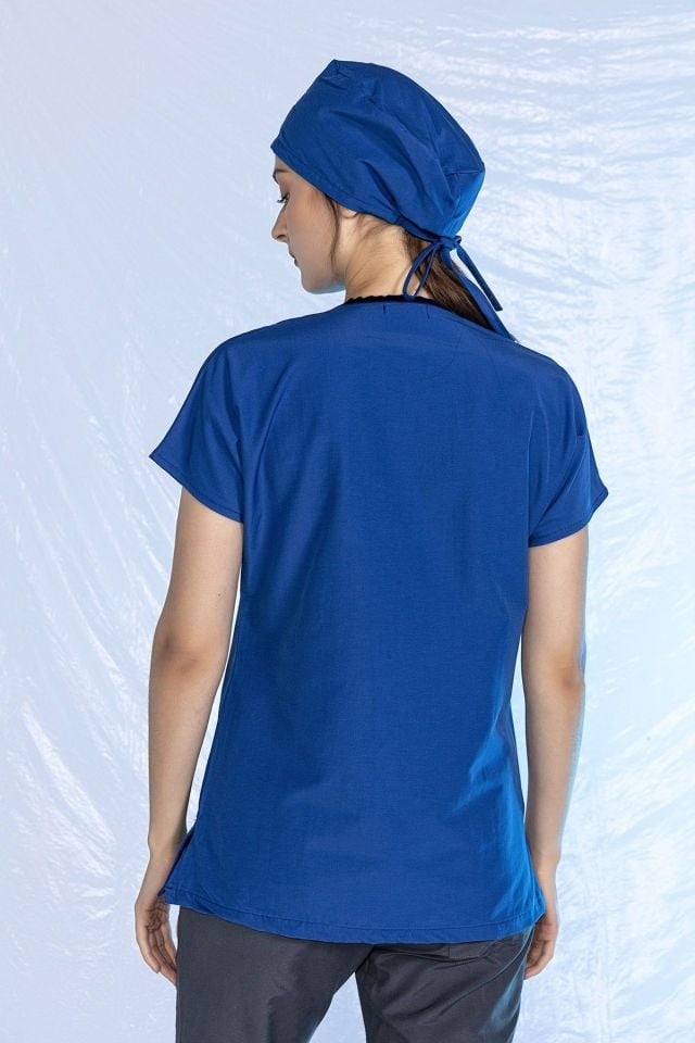 Saks Mavi Likralı Scrubs Doktor Hemşire Forması Yarasa Kol Tek Üst Unisex XXS