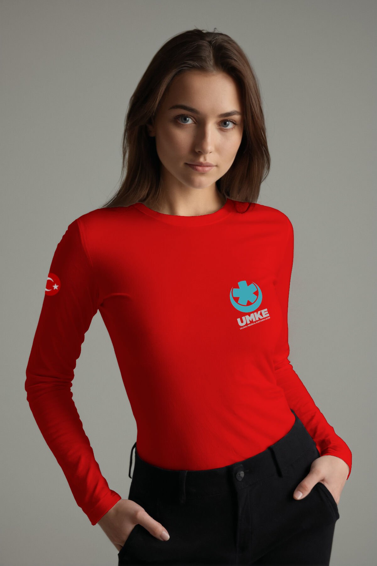 Kırmızı UMKE Bisiklet Yaka Uzun Kollu Penye Tişört Unisex