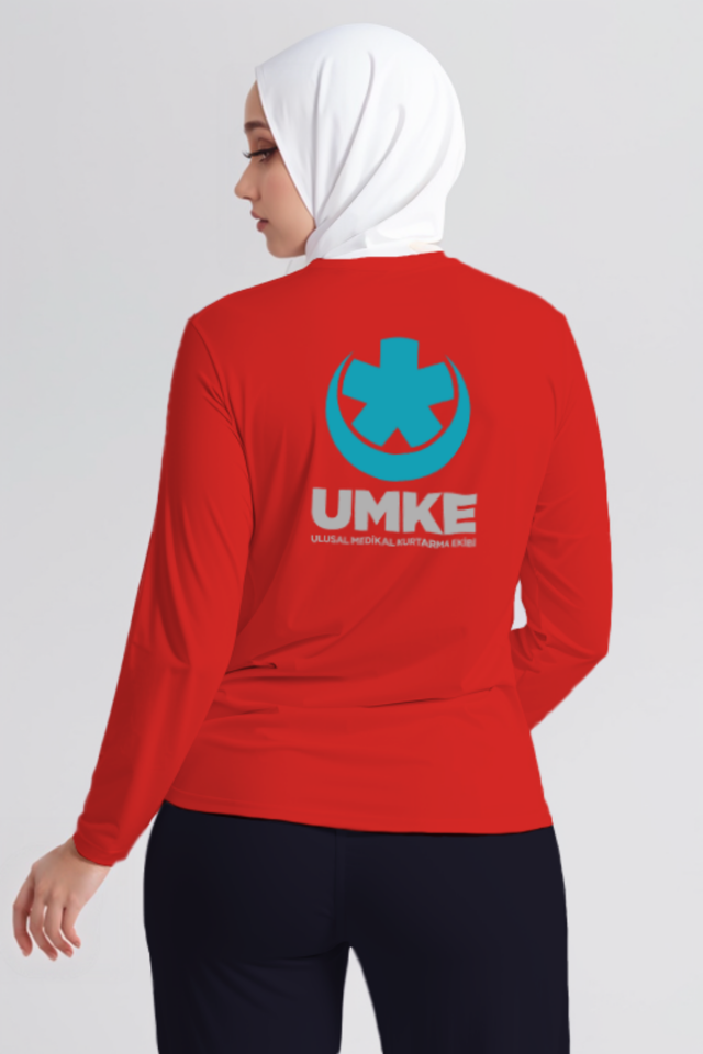 Kırmızı UMKE Bisiklet Yaka Uzun Kollu Penye Tişört Unisex