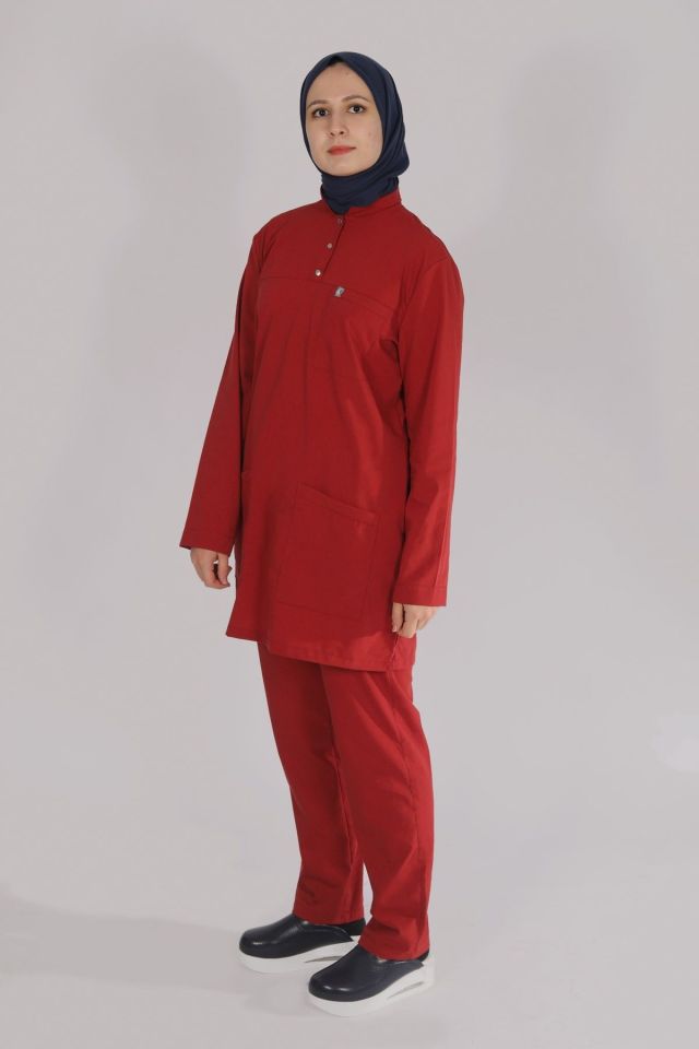 Kırmızı Likralı Tesettür Scrubs Doktor Hemşire Forması Takım XS