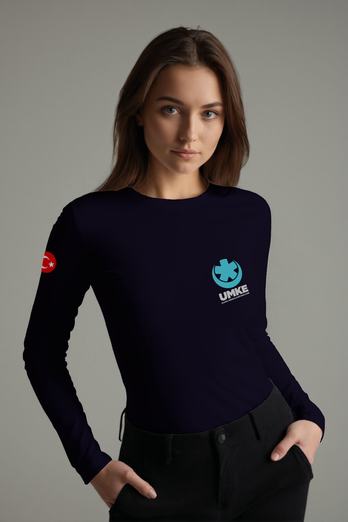 Lacivert UMKE Bisiklet Yaka Uzun Kollu Penye Tişört Unisex