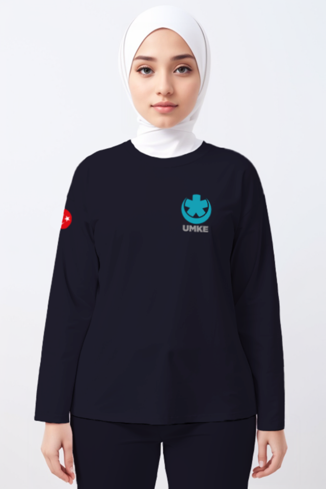 Lacivert UMKE Bisiklet Yaka Uzun Kollu Tişört Unisex