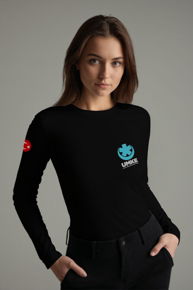 Siyah UMKE Bisiklet Yaka Uzun Kollu Penye Tişört Unisex